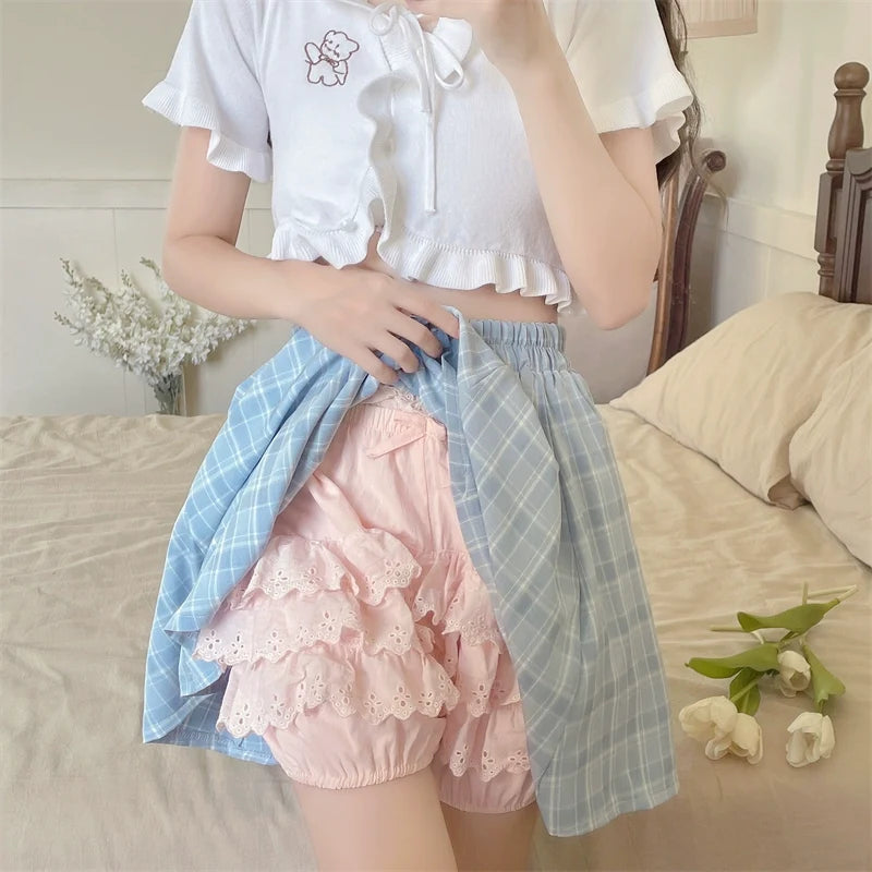 Sugar Girl - Cotton Lolita Bloomers - Tiered Hem Cake Shorts Neckwear