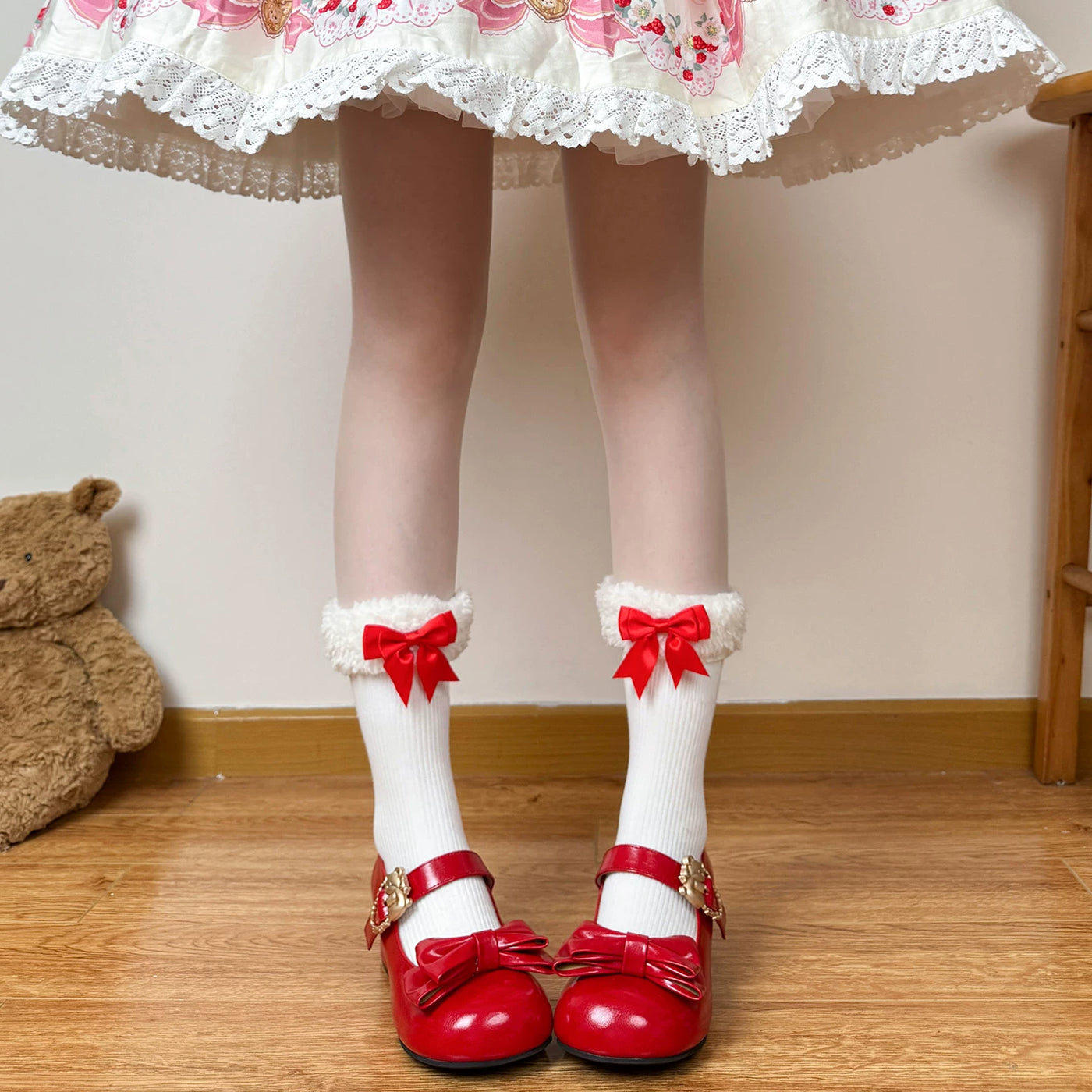 Chubby Bear Tales - Winter Bow - Mid-Calf Socks with Gathered Bow Cuffs