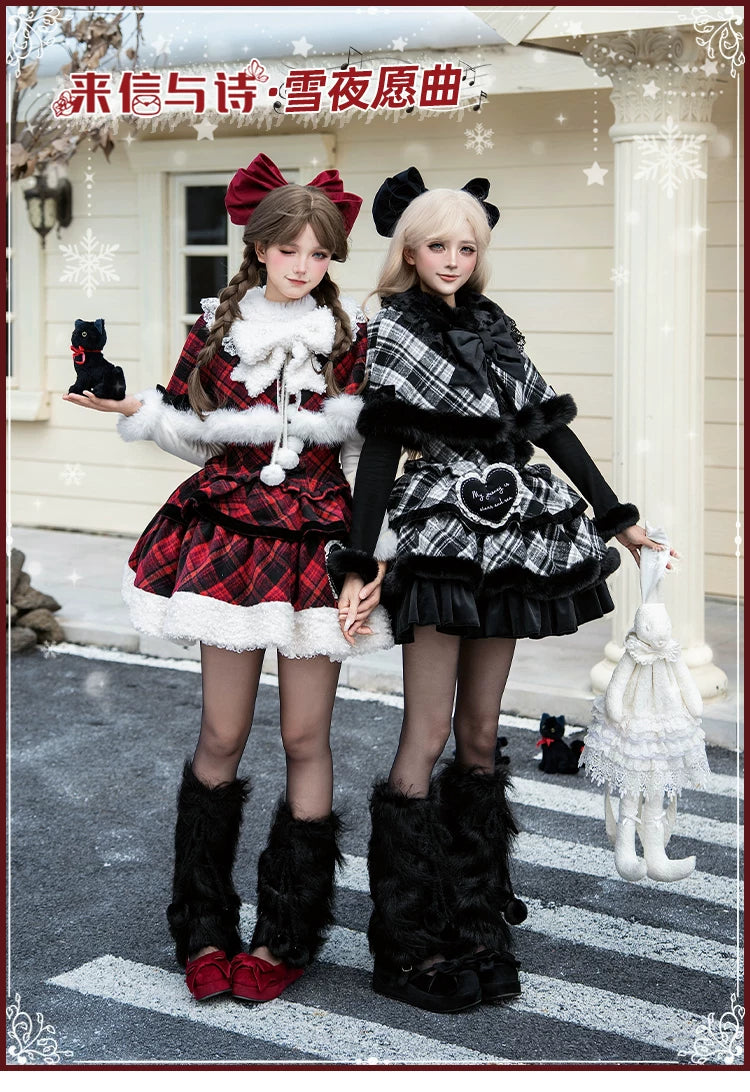 With PUJI - Snow Night Serenade - Fluffy Plaid Kawaii Lolita JSK, Reversible Cape detail view 6