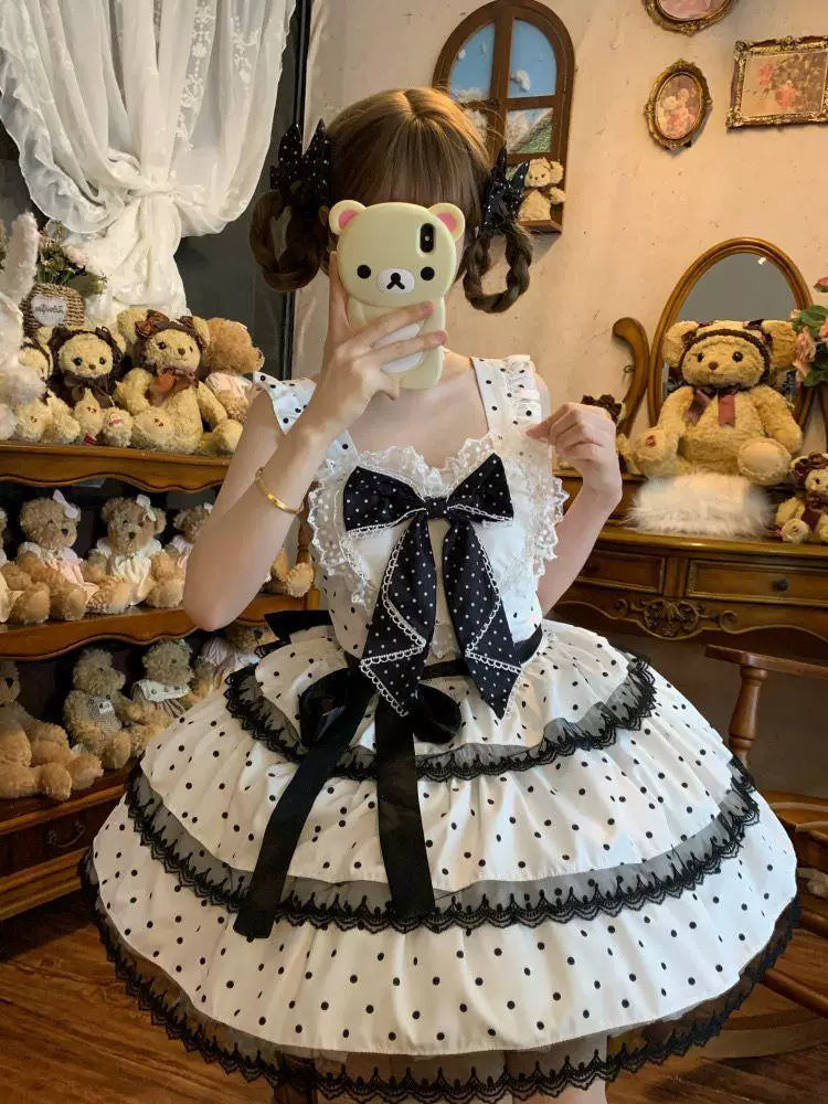 Sweetheart Dream Machine - Cream Ballet - JSK dress with black polka dots