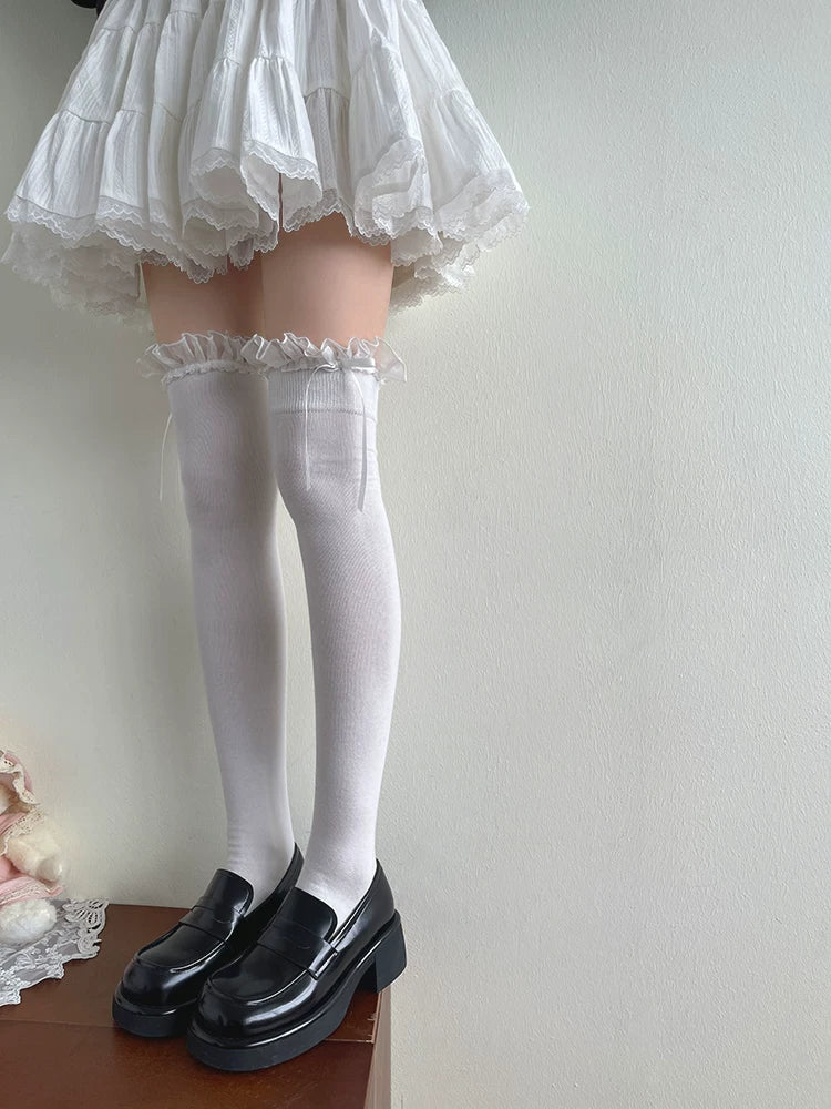 Sock Noble - Pleated Lace - Cotton Over-the-Knee Socks with Bow Detail