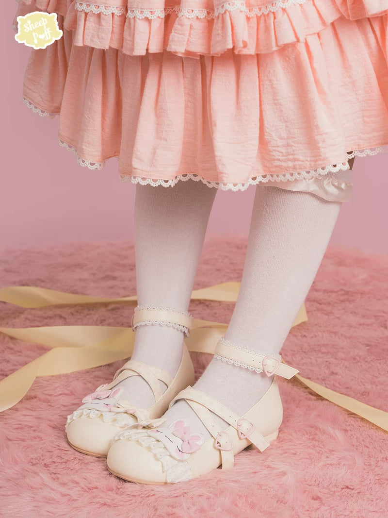 Sheep Puff Shy Bunny Lolita Shoes in pastel colors with bunny and sheep puff embellishments, perfect for kawaii fashion.