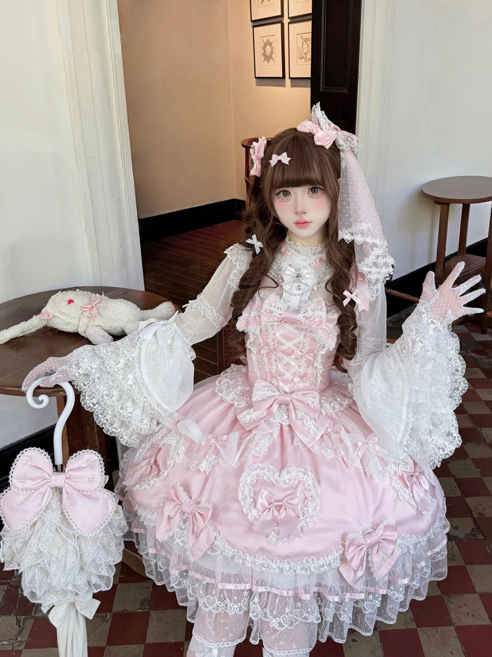 White Sugar Girl Velvet Sweetheart Sweet Lolita JSK dress, front view with corset lacing and tiered skirt
