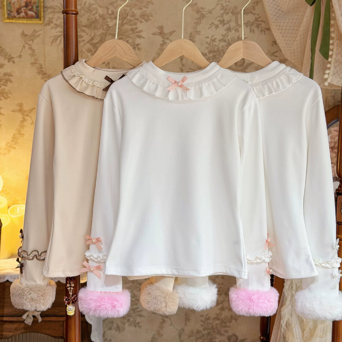 Jelly Girl - Lace-Collar Layer - Long-Sleeve Inner Top with Fleece-Lined Construction