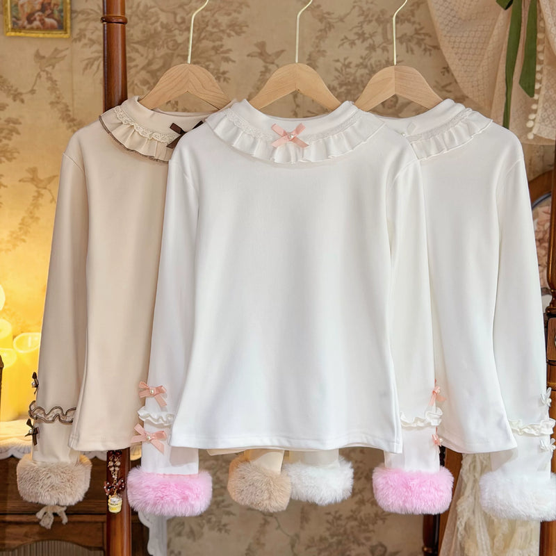 Jelly Girl - Lace-Collar Layer - Long-Sleeve Inner Top with Fleece-Lined Construction