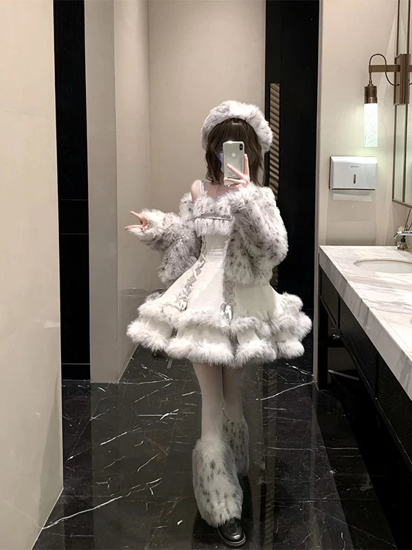 Creamy white fuzzy coat and puff dress set with fluffy trim