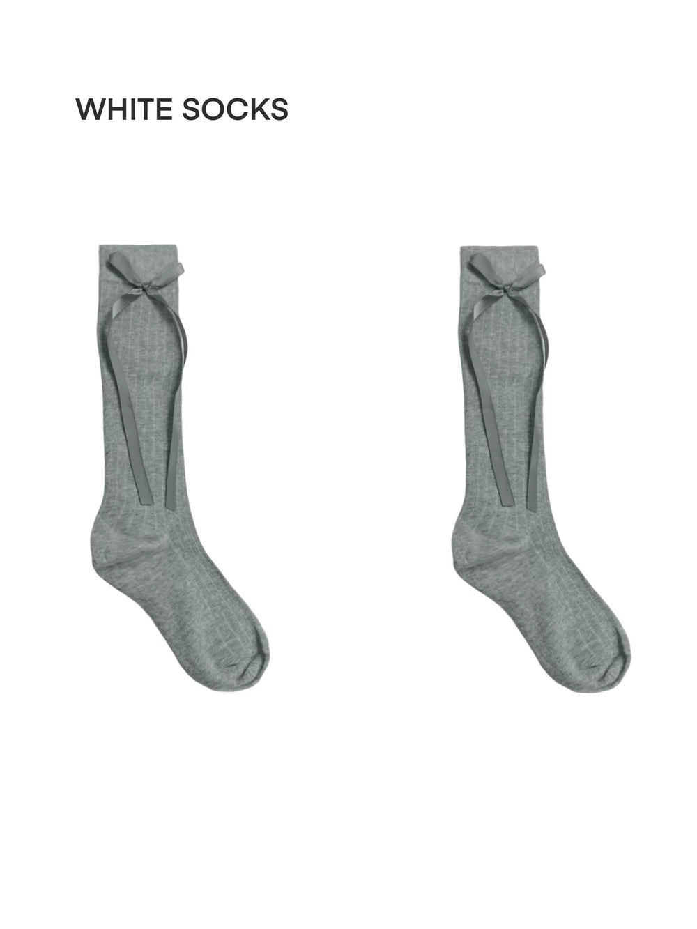 Grey and off-white mid-calf socks with ribbon-tied bows and vertical ribbing