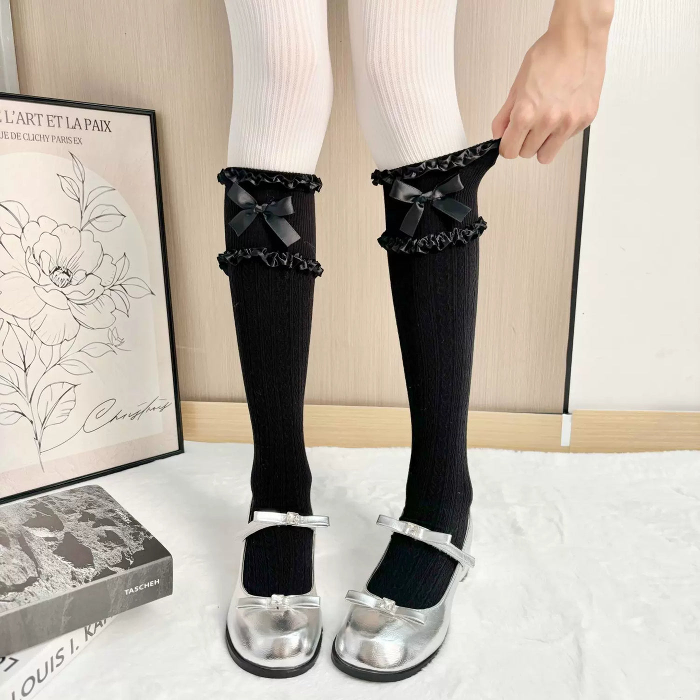 Fantasy Doll - Heart Knit Layers - Heart-Pattern Mid-Calf Socks with a Ruffled Bow Cuff