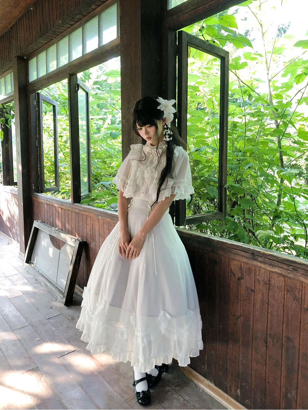 Creamy - Lace Cape - White Lolita Dress with a Lace Cape Overlay