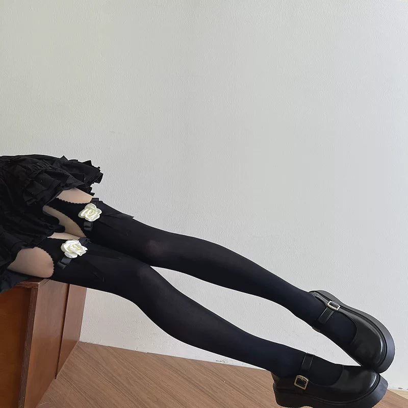 Sock Noble - Camellia Ribbon - Thigh-high stockings with camellia bows and ribbon accents