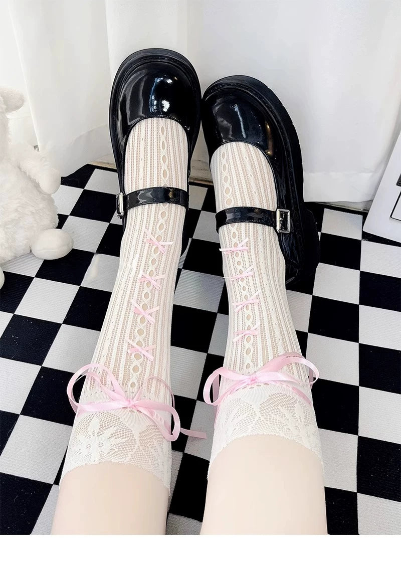 Floral Milk Cat - Ribbon Lace - Thin Lace Calf Socks with Tie Details