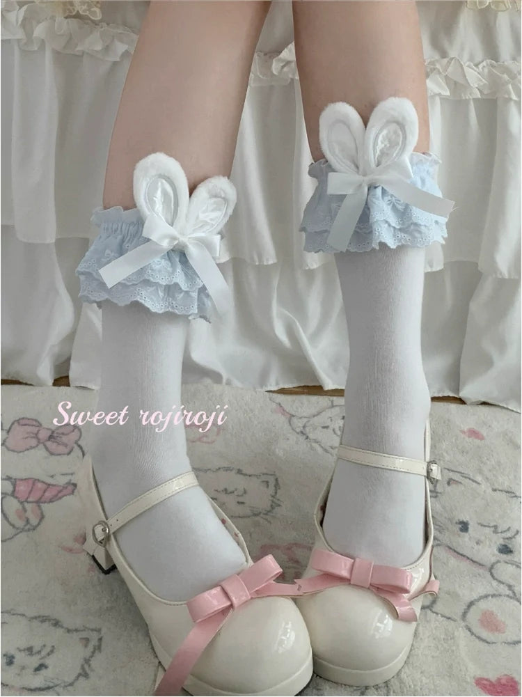 Cotton Lolita Bunny Ear Socks Summer Bow Short Socks Short socks (about 34cm) white ear with blue lace