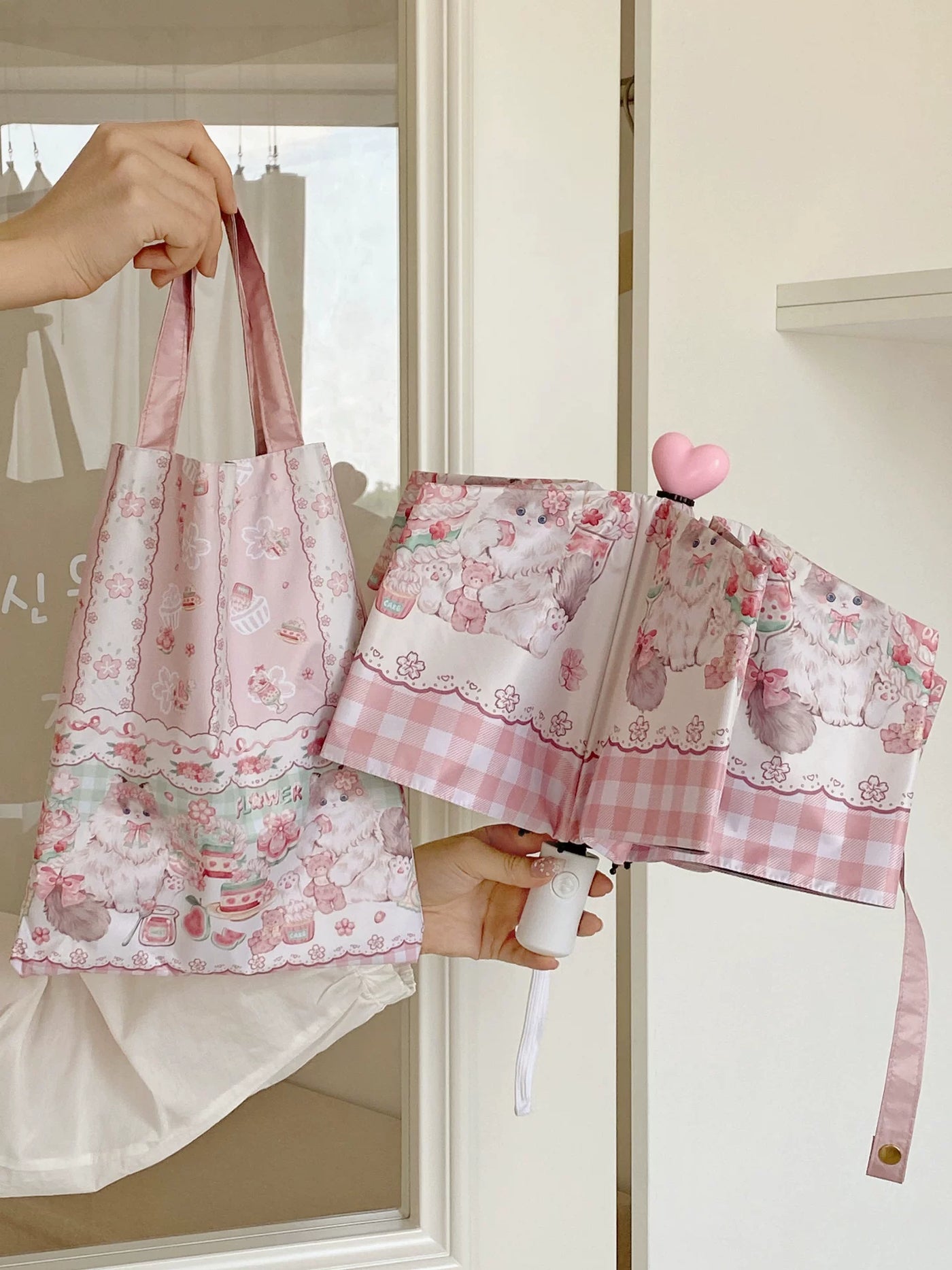 Independent Brand - Cherry Blossom Cat and Lamb - Cat motif sun/rain umbrella with manual and automatic options