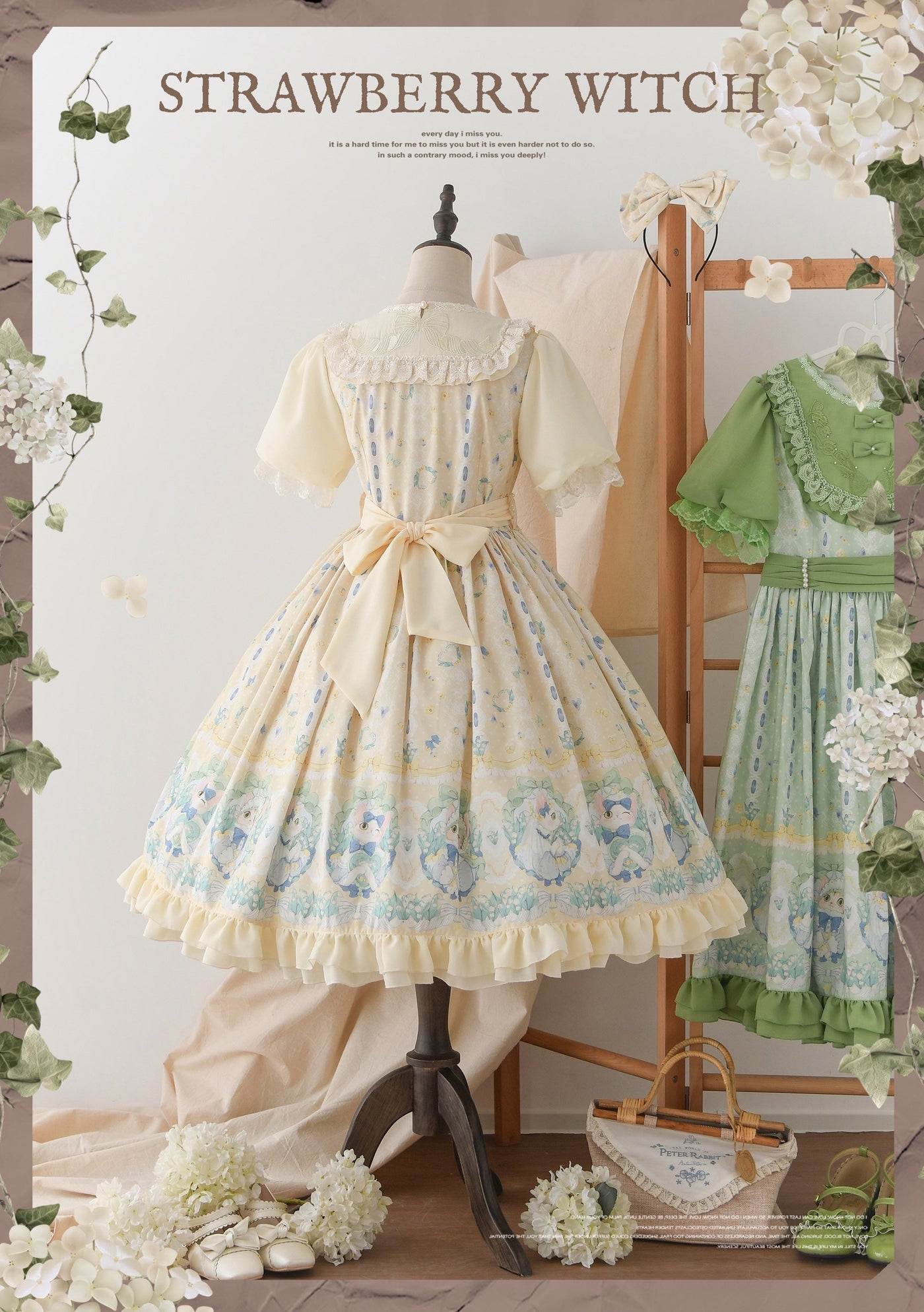 Strawberry Witch - Lily of the Valley Kitten - Country Lolita OP with Embroidery and Cat Print