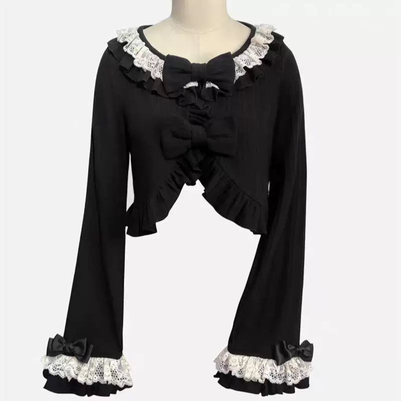 Sweetheart Dream Machine - Ribbon Knit - Knit Cardigan with a Lace Collar and Bows