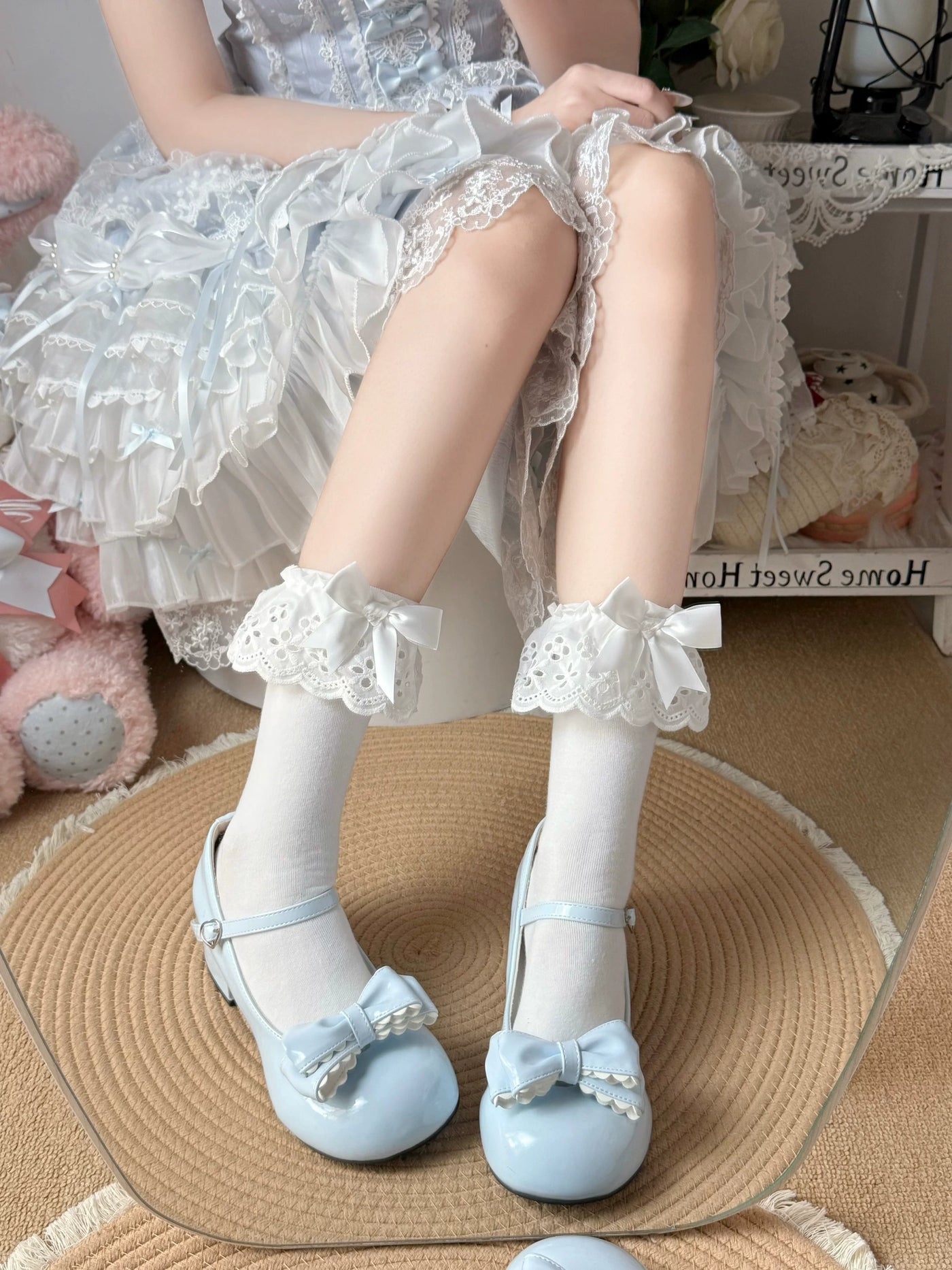 Fantasy Doll - Lace Bow - Cotton mid-calf socks with scalloped lace cuffs.