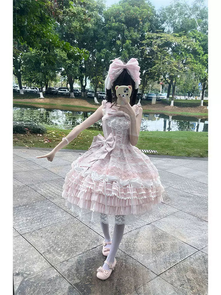 Creamy - Pink Princess - Pink Lace JSK with Side Clip and Waist Bow