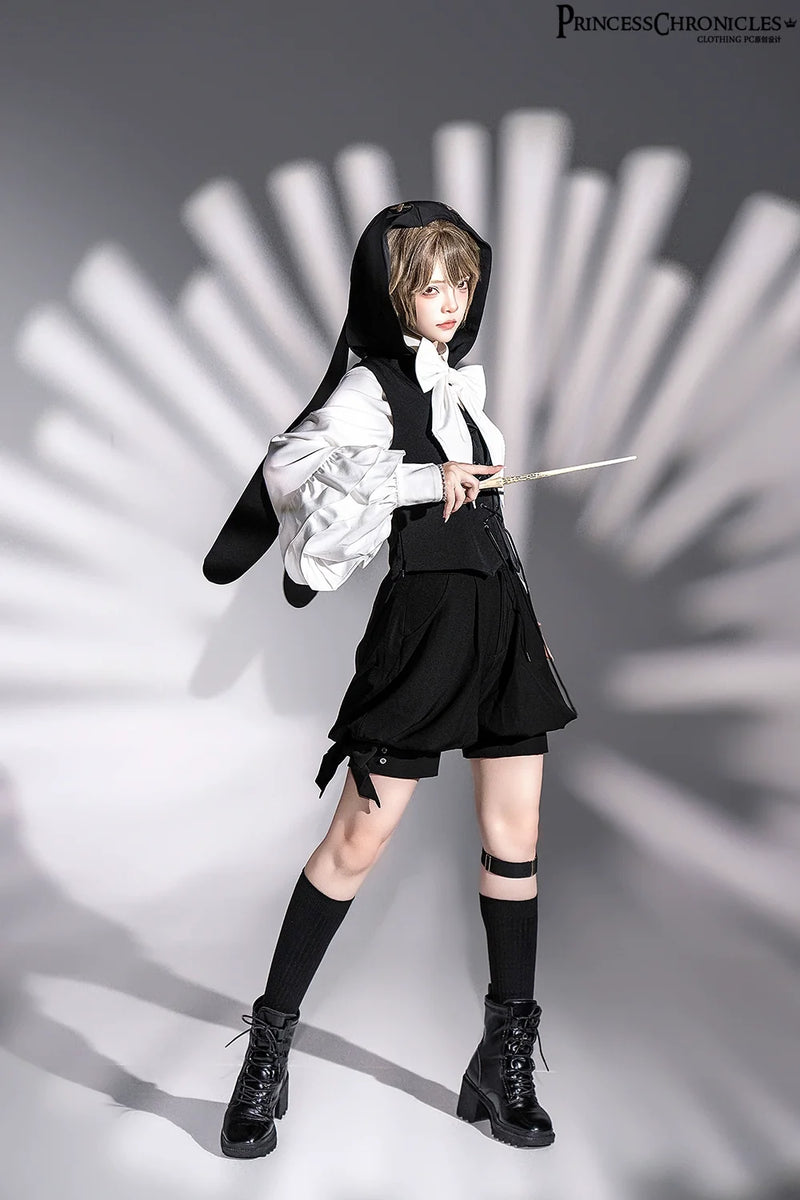 Princess Chronicles - Rabbit Feather - Black Ouji Lolita Vest Shorts Suit Prince Cloak Set