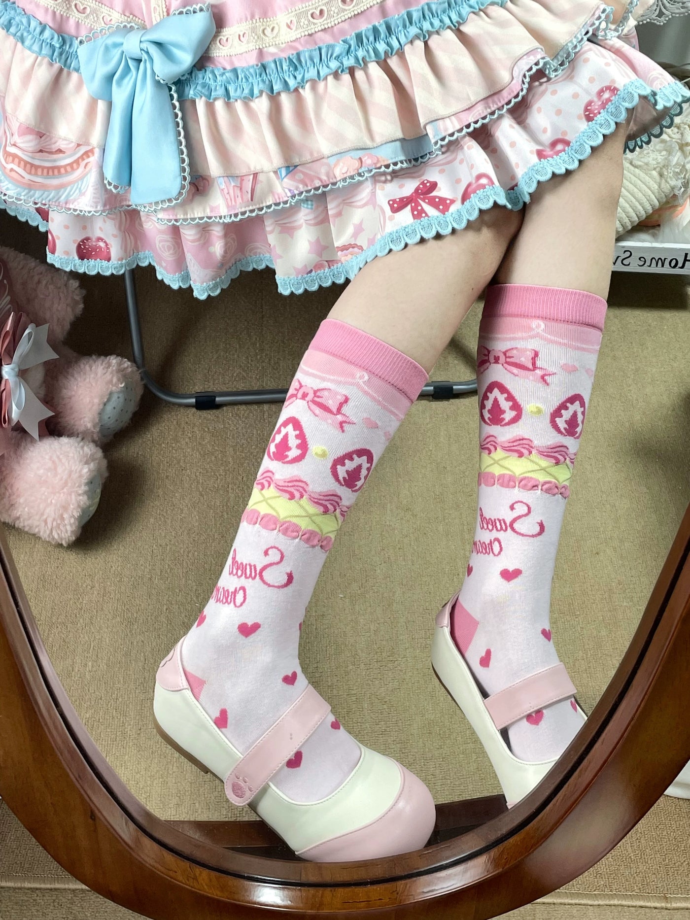 Fantasy Doll - Bear and Strawberry - Combed-Cotton Mid-Calf Socks with Printed Motifs