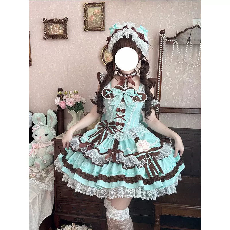 Creamy - Mint Chocolate - Complete JSK Dress Set with Chocolate Bows and Lace Trim