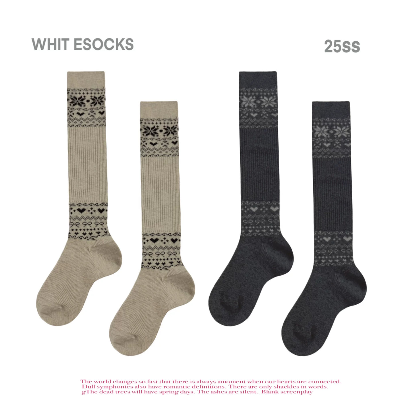 White Socks - Nordic Gray - Mid-Calf Slouch Socks with Fair Isle-Style Bands