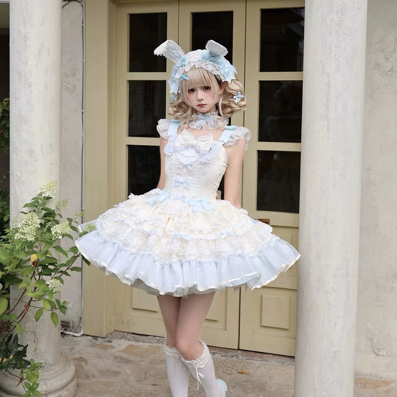 Pink Sweet Lolita JSK with optional pink tail wing, styled with gingham headband and lace socks