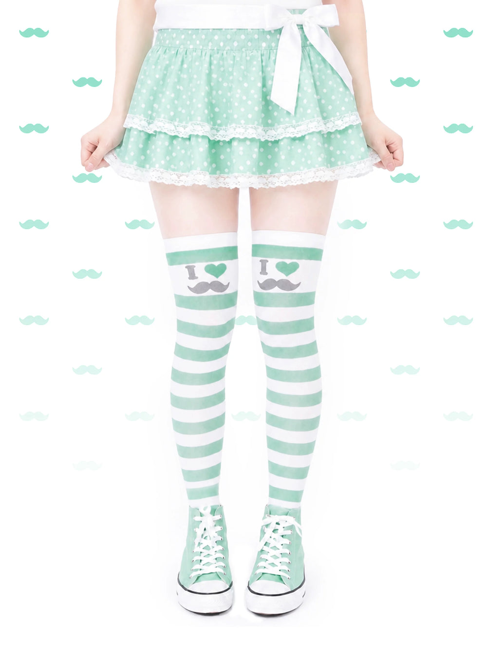 Electric Eye Beauty mint stripe moustache over-the-knee socks - main view