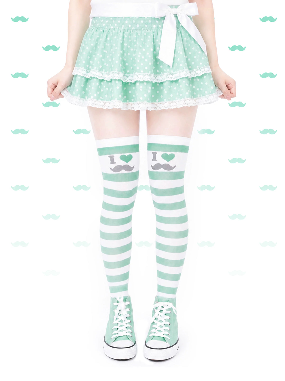 Electric Eye Beauty mint stripe moustache over-the-knee socks - main view