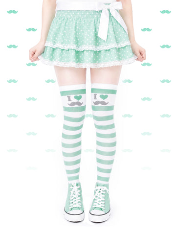 Electric Eye Beauty – Mint Stripe Moustache Over-the-Knee Socks
