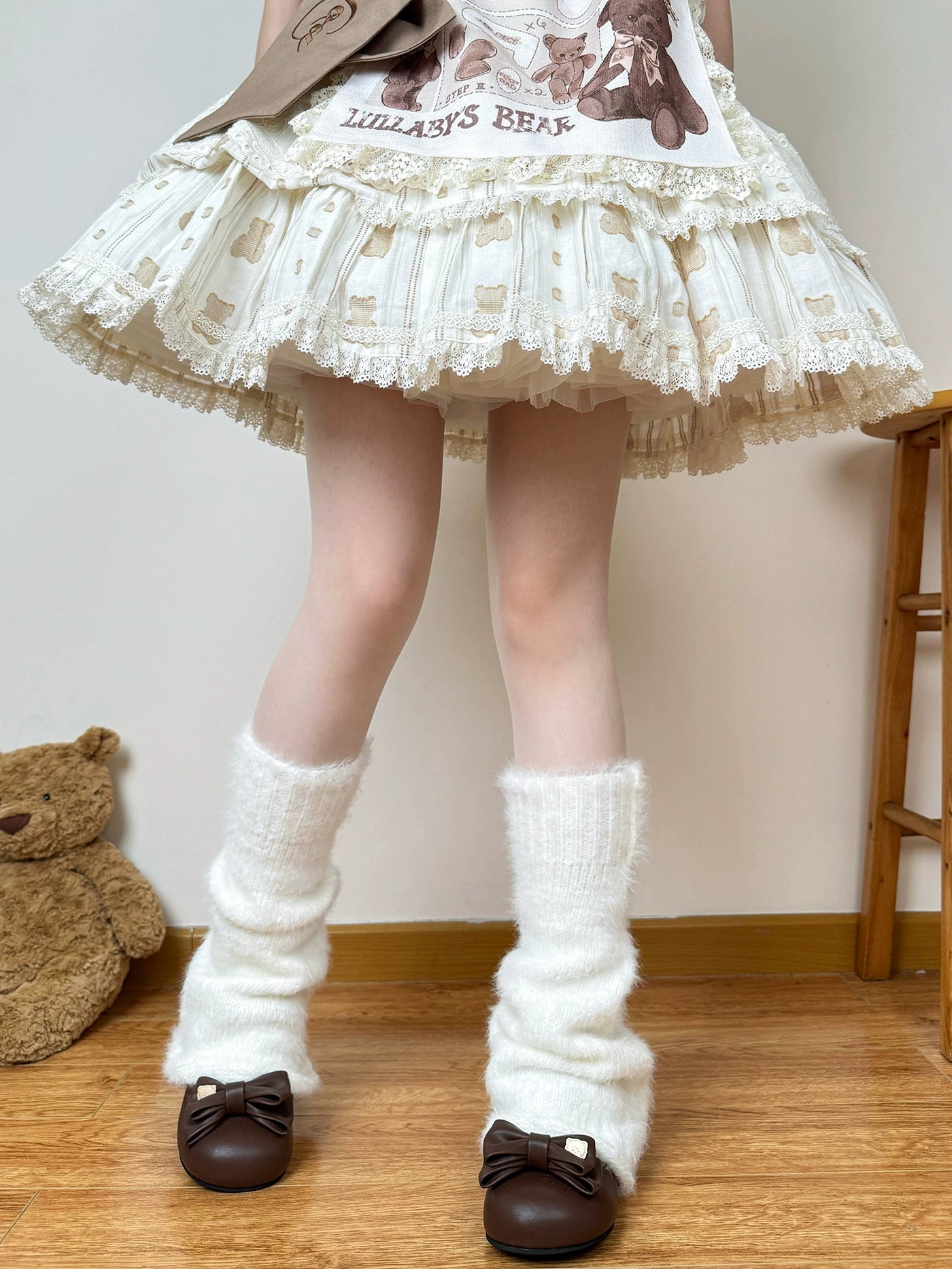 Chubby Bear Tales - Snow Plush - White Fluffy Leg Warmers with Gathered Slouch Folds