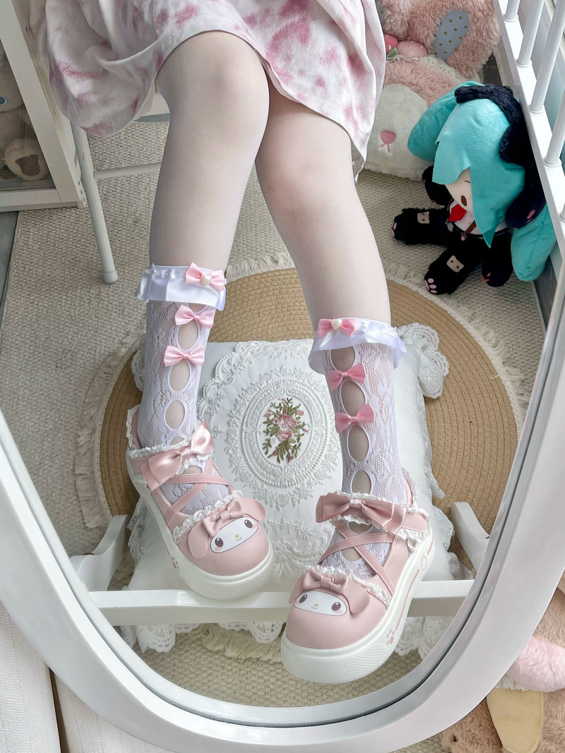 Fantasy Doll - Ribbon Lace - Mid-Calf Socks with Satin Bows and Oval Cutouts