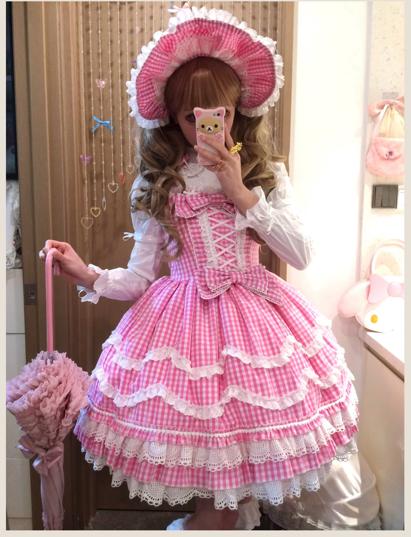 TaTaTa Lolita - Plaid Baileys - Pink Gingham JSK Dress with Petal Ruffles - product detail 4