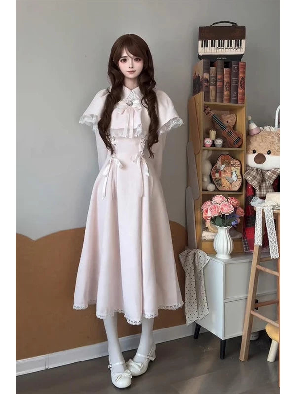 Creamy - Japanese Sweet Lace - Pink Lolita Dress with a Lace-Trimmed Bow Cape Overlay