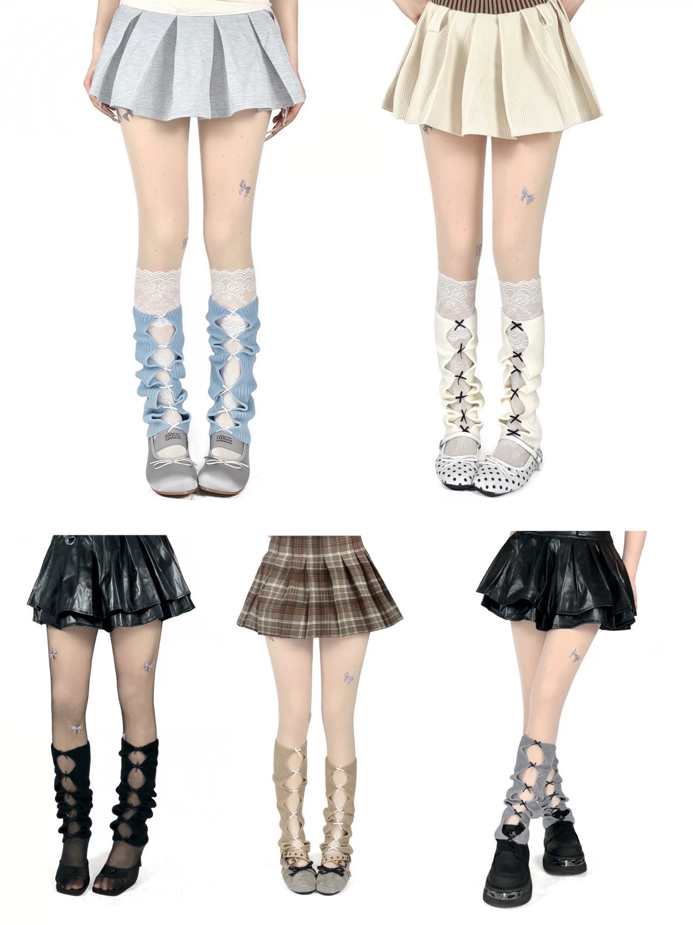White Socks - Ballet Bow - Ribbed Cutout Leg Warmers with Ribbon Bows
