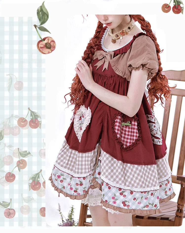 Baozi Pig - Cherry Pastoral - Red OP Dress with Cherry Print