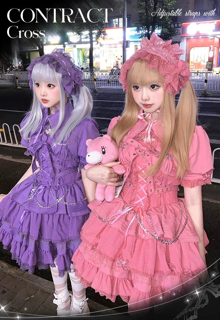 Elegant black Gothic Lolita JSK dress featuring a leopard cat contract cross design by Lolita Fetch.