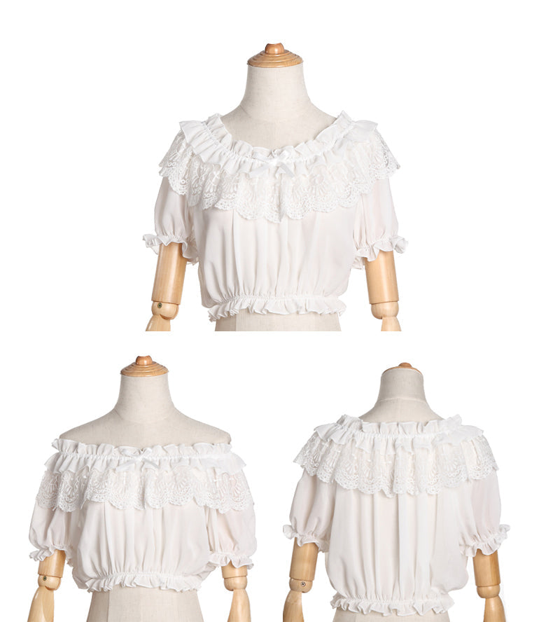 ZhiJinYuan - Open Shoulder - Open-Shoulder Blouse with Lace and Ruffle Hem - product detail 8