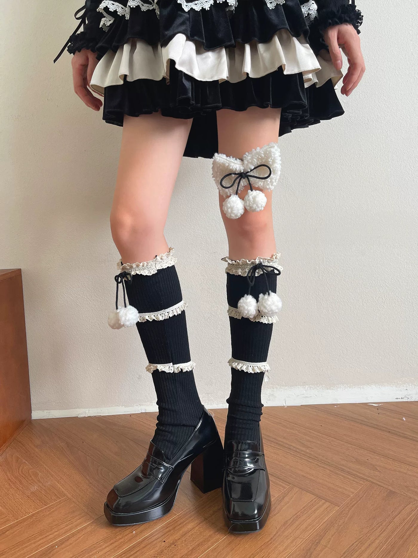Sock Noble - Three Tier Pom Pom - Mid-Calf Socks with Three-Tier Lace Trim
