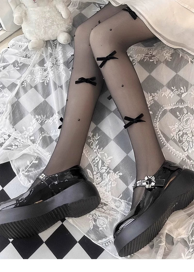 Floral Milk Cat - Pearl Bow - Ultra-Thin Tights with Ribbon Bows