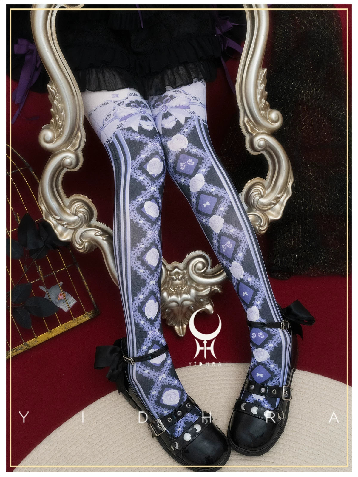 Yidhra Sweet Interlace Rose Print Lolita Tights – detail view 5