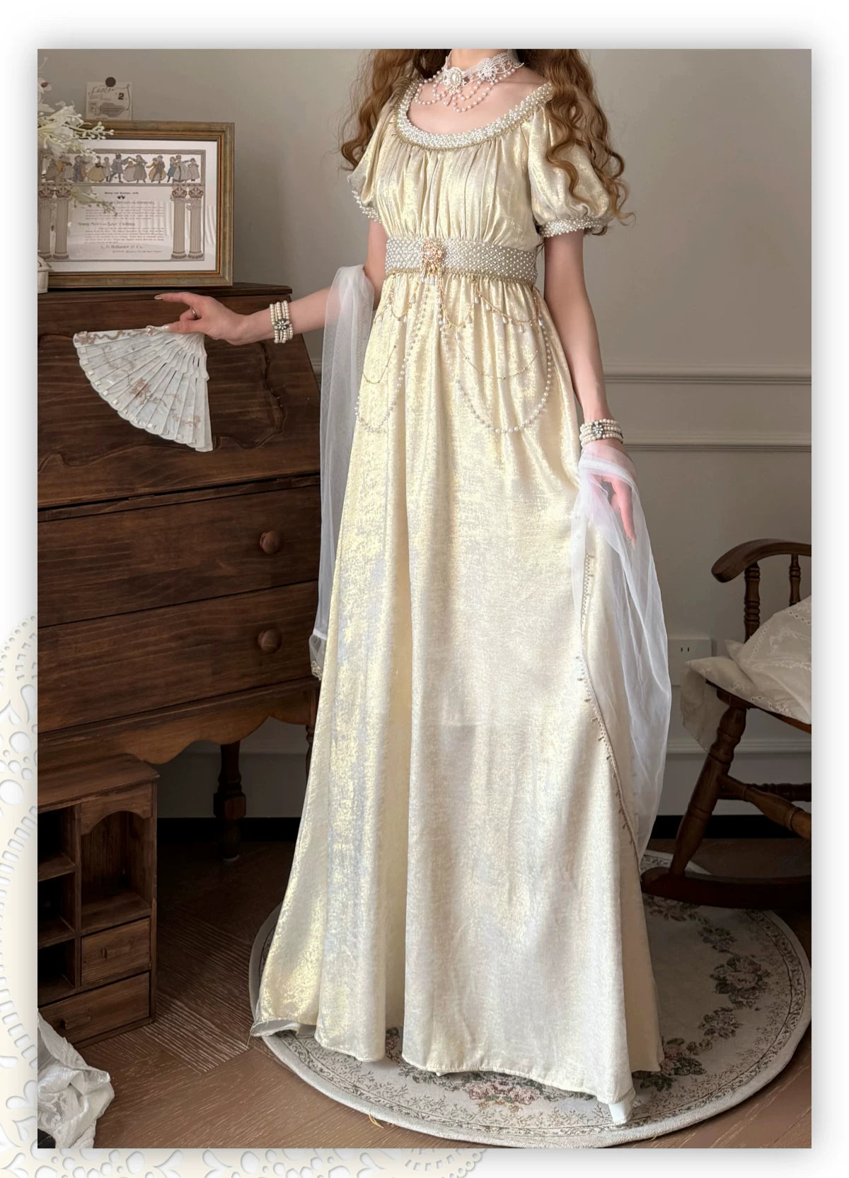 Thousand Wood - Moonlight Amber - Long OP Dress with Empire Waist and Beaded Trim