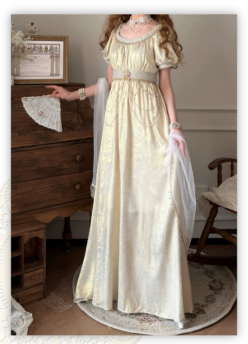Thousand Wood - Moonlight Amber - Long OP Dress with Empire Waist and Beaded Trim