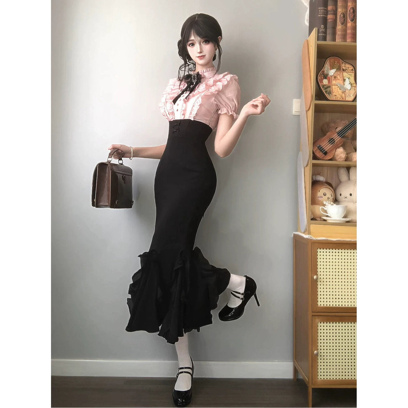 Creamy - Black-Pink Mermaid - One-Piece Dress with Lace-Trimmed Pink Bodice