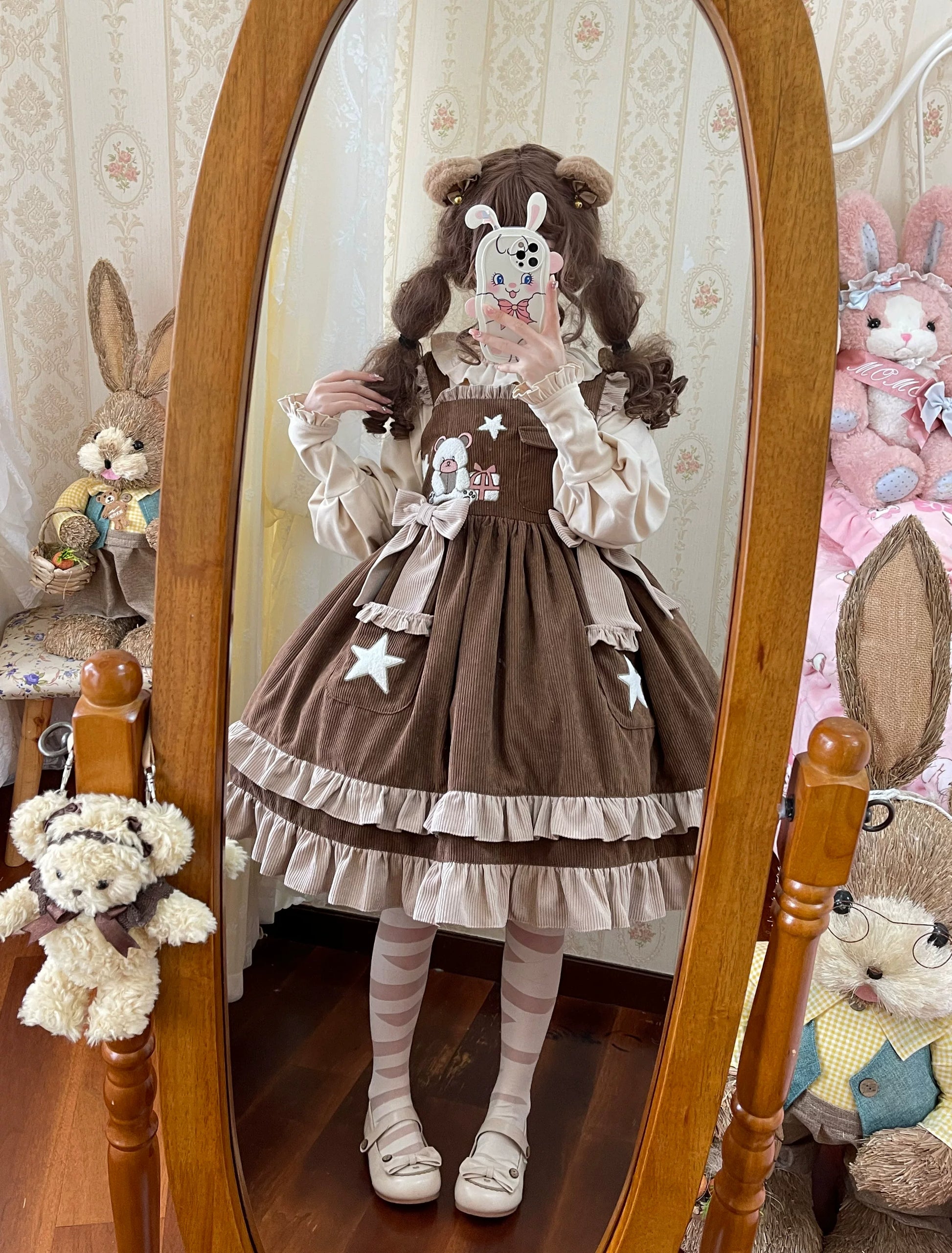 Lady Han Cute Bear Diary Lolita JSK dress featuring a charming bear pattern and pastel colors, perfect for kawaii fashion.