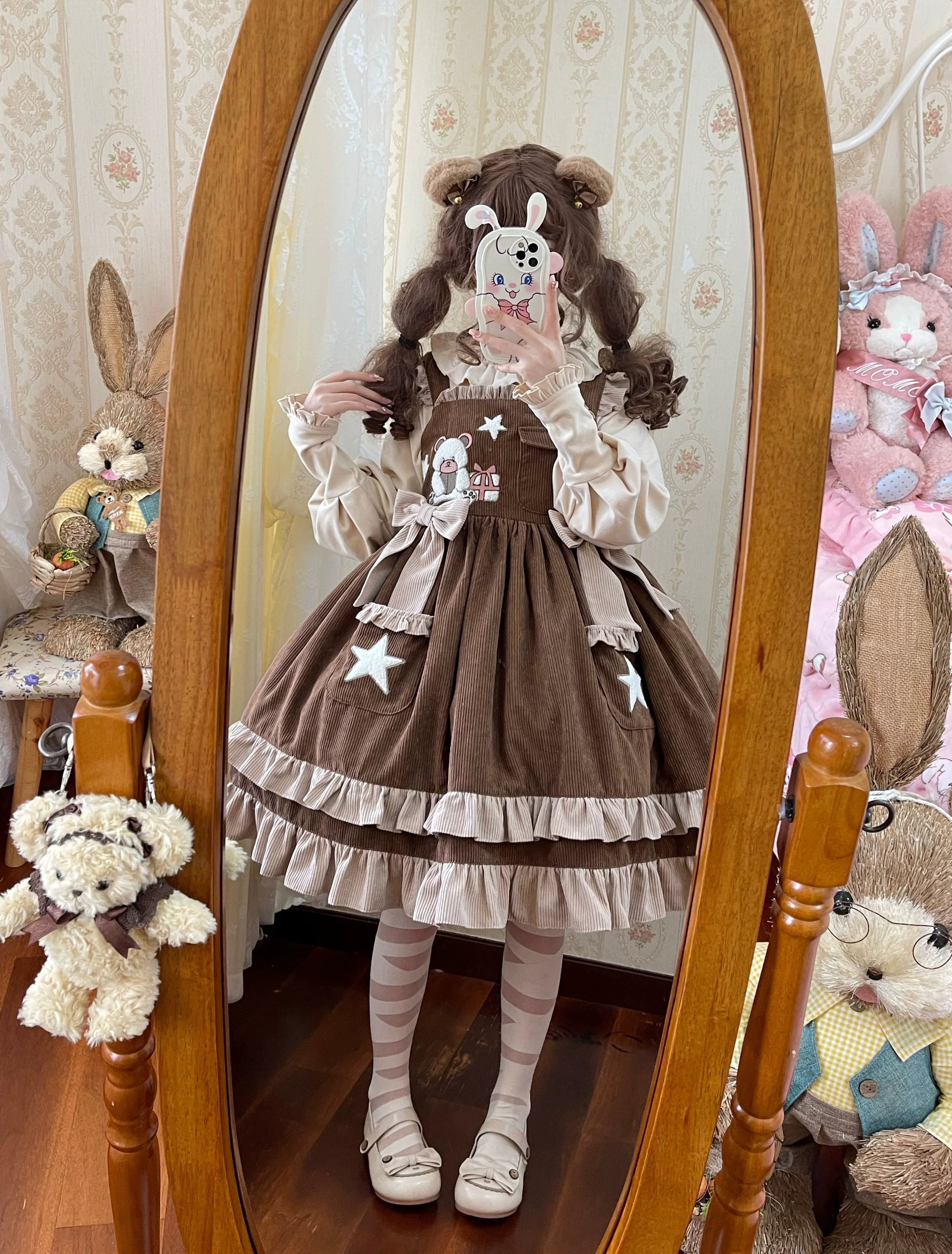 Lady Han Cute Bear Diary Lolita JSK dress featuring a charming bear pattern and pastel colors, perfect for kawaii fashion.