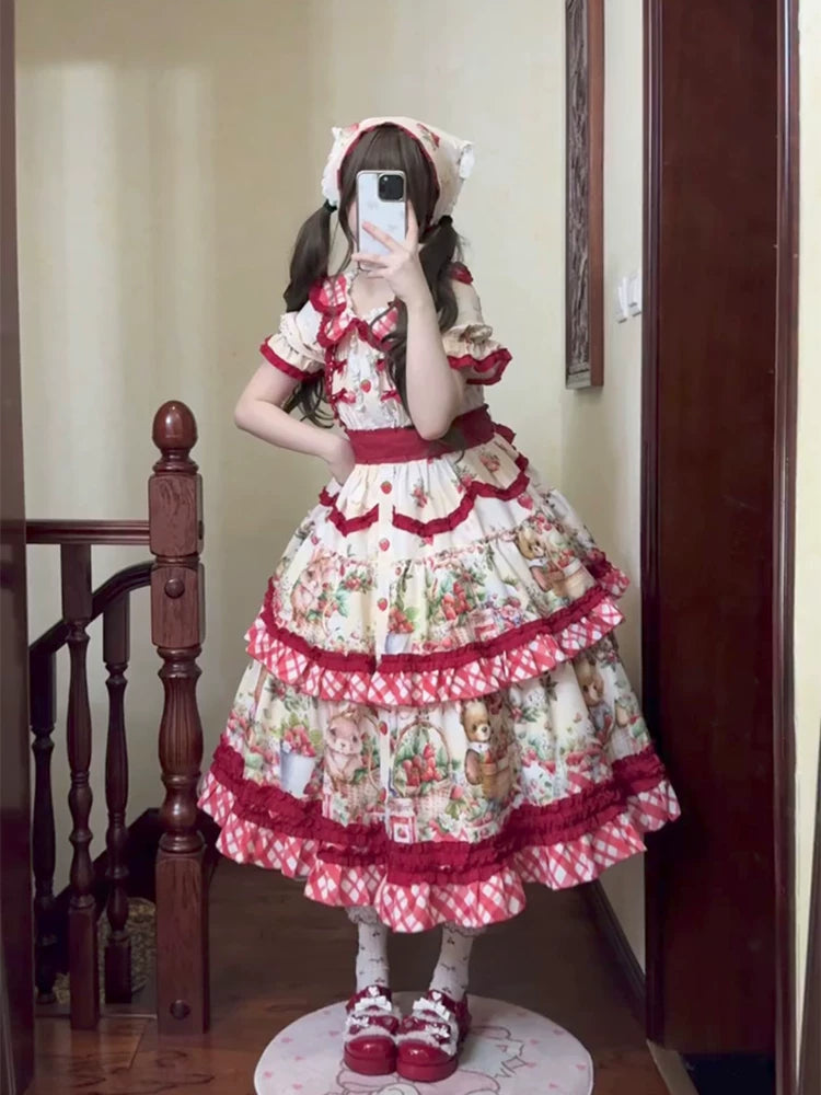 Dream Bunny - December Strawberry Field - Strawberry-Print One-Piece Dress with Red Gingham Ruffles