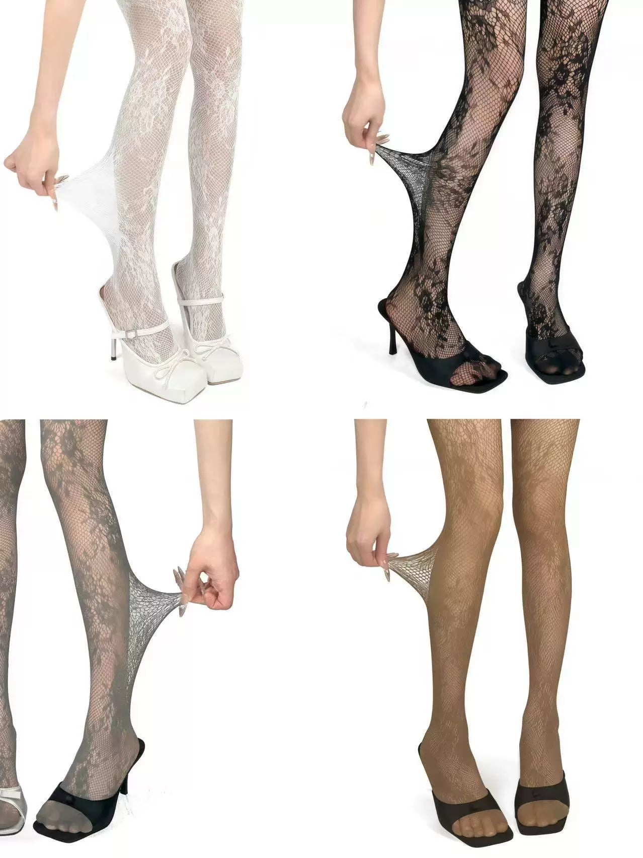 White Socks - French Rose - Rose-Pattern Fishnet Tights with Lace Texture