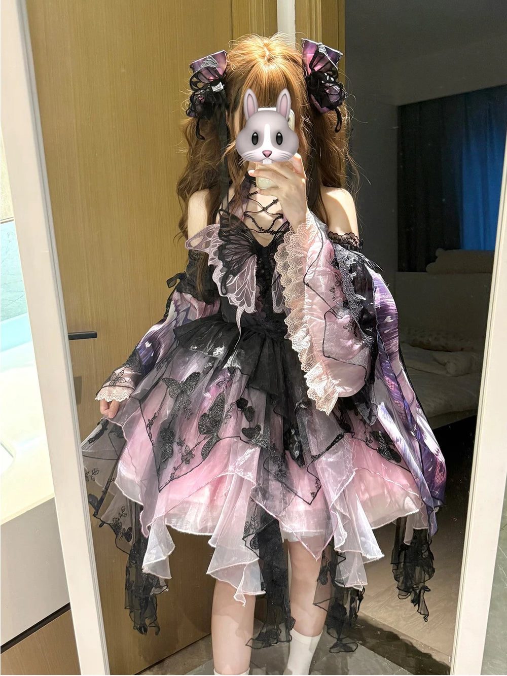 Gothic Lolita JSK off-shoulder neckline with lace trim and butterfly cutouts