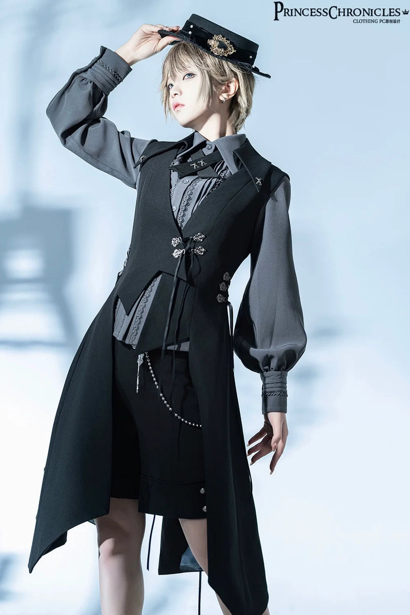 Princess Chronicles - Crimson Ash Zero - Ouji Lolita Vest Handsome Slim Long Black Vest