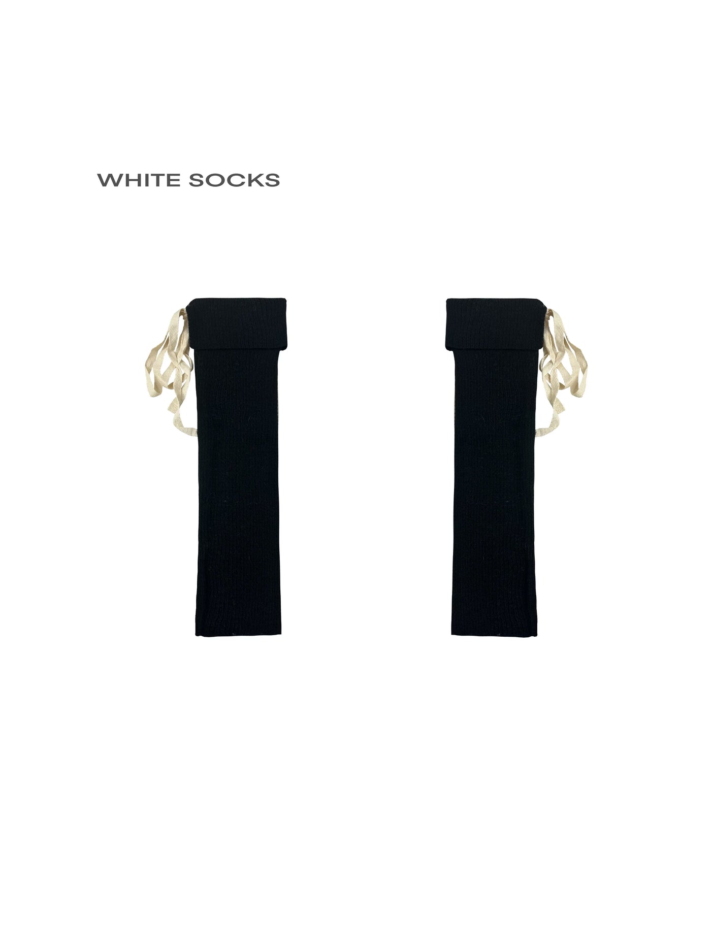 Black and white rib-knit calf socks with folded cuffs and ribbon ties